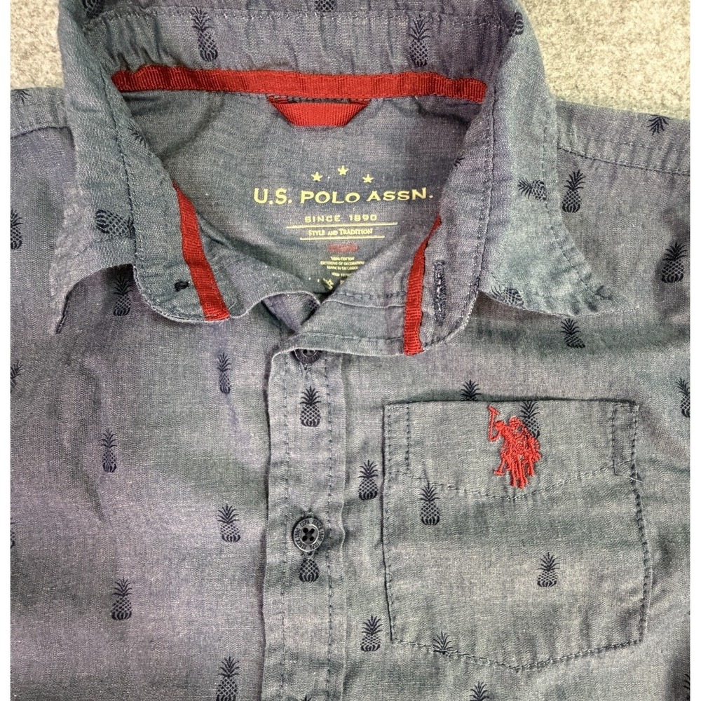 US Polo Assn Boys Short Sleeve Button Up Shirt Blue Pineapple Print‎ Size 4T